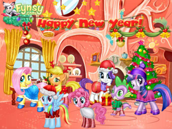 Size: 700x525 | Tagged: safe, artist:user15432, applejack, fluttershy, pinkie pie, rainbow dash, rarity, spike, twilight sparkle, dragon, earth pony, pegasus, pony, unicorn, g4, bell, bells, cardboard twilight, christmas, christmas lights, christmas ornament, christmas ornaments, christmas outfit, christmas ponies, christmas presents, christmas star, christmas tree, clothes, decoration, fynsy, gloves, golden oaks library, happy new year, hat, holiday, mane seven, mane six, merry christmas, present, red hat, santa hat, shoes, stock vector, tree, unicorn twilight, winter, winter hat, winter outfit