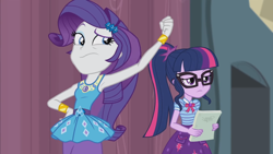 Size: 1920x1080 | Tagged: safe, screencap, rarity, sci-twi, twilight sparkle, equestria girls, g4, my little pony equestria girls: better together, stressed in show, armpits, arms in the air, bracelet, clothes, dress, duo, duo female, female, geode of shielding, geode of telekinesis, hands in the air, jewelry, magical geodes, rarity peplum dress, sleeveless, sleeveless dress, wavy mouth