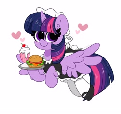 Size: 4096x3859 | Tagged: safe, artist:kittyrosie, twilight sparkle, alicorn, pony, blushing, burger, clothes, cute, female, flying, food, hay burger, heart, high res, looking at you, maid, maidlight sparkle, mare, milkshake, plate, simple background, smiling, solo, twiabetes, twilight sparkle (alicorn), white background