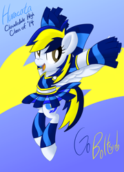 Size: 1801x2500 | Tagged: safe, artist:notadeliciouspotato, oc, oc only, oc:huracata, pegasus, pony, abstract background, bow, cheerleader, cheerleader outfit, clothes, female, leg band, mare, open mouth, pleated skirt, pom pom, skirt, smiling, solo, spread wings, text, wings