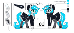 Size: 5508x2480 | Tagged: safe, artist:justafallingstar, oc, oc only, oc:overloaded aegis, pony, robot, robot pony, bowtie, clothes, commission, cybernetic eyes, cybernetic wings, female, glasses, maid, mare, reference sheet, socks, weapon, wings