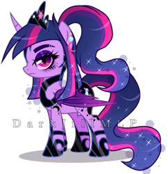 Size: 2466x2545 | Tagged: safe, artist:darkjillmlp123, nightmare moon, twilight sparkle, alicorn, pony, g4, bat wings, crown, ear piercing, ethereal mane, freckles, fusion, high res, jewelry, piercing, regalia, simple background, slit pupils, solo, starry mane, transparent background, twilight sparkle (alicorn), watermark, wings