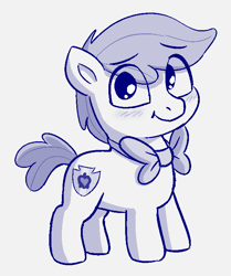 Size: 598x714 | Tagged: safe, artist:heretichesh, apple bloom, earth pony, pony, g4, applebuck, blushing, bowtie, colt, male, monochrome, rule 63, sketch, smiling, solo