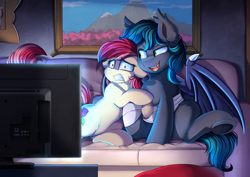 Size: 3550x2509 | Tagged: safe, artist:pridark, roseluck, oc, oc:spark gap, bat pony, earth pony, pony, fanfic:fine print, g4, bat pony oc, bat wings, commission, couch, duo, ethernet, fanfic art, fluffy, high res, indoors, open mouth, rosegap, scared, scary movie, sitting, television, the nightmare before christmas, underhoof, wings