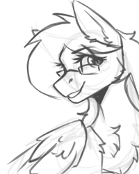 Size: 1600x2000 | Tagged: safe, artist:dorkmark, oc, oc only, oc:kezzie, pegasus, pony, chest fluff, female, glasses, looking at you, sketch, solo