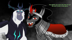 Size: 1920x1080 | Tagged: safe, artist:andoanimalia, artist:nukarulesthehouse1, artist:sketchmcreations, king sombra, storm king, pony, unicorn, g4, my little pony: the movie, antagonist, duo, ether, looking at you, looking down, male, not dead, still alive, talking to viewer, text