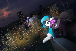 Size: 3000x2000 | Tagged: safe, artist:freeedon, oc, oc only, pony, unicorn, airship, cellphone, city, clothes, duo, female, high res, magic, mare, phone, skyscraper, sweater, zeppelin