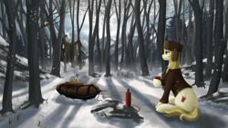 Size: 3920x2205 | Tagged: safe, artist:dezdark, march gustysnows, bird, pony, tit (bird), g4, coffee, forest, high res, house, mountain, scenery, sled, snow, solo, thermos