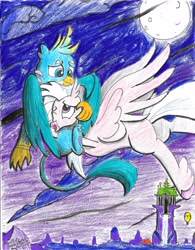 Size: 5099x6531 | Tagged: safe, artist:johnerose126, gallus, silverstream, classical hippogriff, griffon, hippogriff, g4, absurd resolution, female, hug, male, ship:gallstream, shipping, straight, traditional art