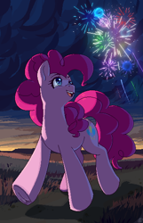 Size: 360x560 | Tagged: safe, artist:renka2802, artist:tigra0118, pinkie pie, earth pony, pony, g4, female, fireworks, frog (hoof), solo, underhoof, walking