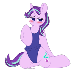 Size: 3000x3000 | Tagged: safe, artist:xcinnamon-twistx, starlight glimmer, pony, unicorn, g4, blue swimsuit, blushing, clothes, colored sketch, high res, looking at you, one-piece swimsuit, patreon, patreon reward, reward, sexy, simple background, sketch, solo, sukumizu, swimsuit, transparent background
