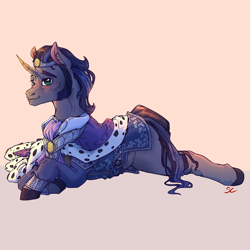 Size: 8661x8661 | Tagged: safe, artist:sourcherry, idw, king sombra, pony, unicorn, g4, alternate design, ascot, cape, clothes, crown, embroidery, ermine (fur), good king sombra, gradient background, jewelry, looking at you, lying down, male, regalia, smiling, smiling at you, solo, stallion