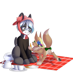 Size: 2950x3000 | Tagged: safe, artist:xcinamon-twistx, oc, eevee, pony, carrot, commission, commission open, confused, cookie, food, happy, hat, high res, picnic, pokémon, simple background, tea, tea party, teapot, transparent background