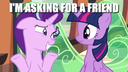 Size: 1906x1074 | Tagged: safe, edit, edited screencap, screencap, starlight glimmer, twilight sparkle, alicorn, pony, g4, the crystalling, blatant lies, caption, image macro, shrug, text, train, twilight sparkle (alicorn)