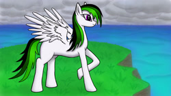 Size: 2560x1440 | Tagged: artist needed, safe, oc, oc only, pegasus, pony, cloud, cloudy, female, grass, mare, missing cutie mark, side view, solo, thinking, water, white, wings