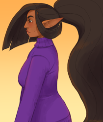 Size: 1010x1200 | Tagged: safe, artist:greenarsonist, twilight sparkle, alicorn, human, g4, casual clothing, dark skin, elf ears, humanized, long hair, natural eye color, natural hair color, older twilight sparkle (alicorn), profile, simple background, solo, twilight sparkle (alicorn)