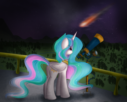 Size: 3612x2893 | Tagged: safe, artist:janelearts, princess celestia, alicorn, pony, g4, forest, high res, night, scenery, shooting star, solo, stars, telescope