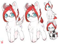Size: 1227x916 | Tagged: safe, artist:sugarelement, oc, oc only, oc:red cherry, pegasus, pony, clothes, dock, fluffy, glasses, horns, maid, maid headdress, sitting, smol, solo, wingless
