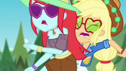 Size: 1920x1080 | Tagged: safe, screencap, applejack, peppermint azure, accountibilibuddies, equestria girls, equestria girls series, g4, spoiler:choose your own ending (season 2), spoiler:eqg series (season 2), applejack's sunglasses, clothes, female, hat, ouch, sunglasses