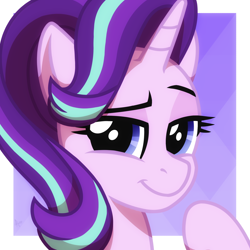 Size: 2048x2048 | Tagged: safe, artist:whitequartztheartist, starlight glimmer, pony, unicorn, g4, bust, eyebrows, high res, lidded eyes, looking at you, portrait, raised eyebrow, smiling, solo