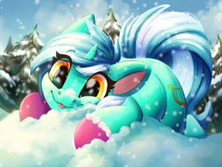 Size: 4000x3000 | Tagged: safe, artist:faline-art, lyra heartstrings, pony, unicorn, :3, :p, cute, eye clipping through hair, faline-art is trying to murder us, female, happy, hoof gloves, lyrabetes, mare, smiling, snow, solo, tongue out, tree, weapons-grade cute, winter