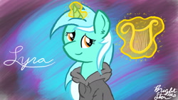 Size: 1280x720 | Tagged: safe, artist:bryastar, lyra heartstrings, pony, unicorn, fanfic:background pony, g4, abstract background, clothes, dig the swell hoodie, glowing horn, hoodie, horn, levitation, lyre, magic, magic glow, musical instrument, signature, smiling, solo, telekinesis