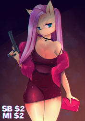 Size: 2480x3508 | Tagged: safe, artist:klaudy, fluttershy, anthro, anime style, auction, auction open, big breasts, breasts, busty fluttershy, choker, cleavage, clothes, commission, cute, dress, feather boa, gun, handgun, jewelry, long hair, mole, pendant, purse, seductive look, seductive pose, sexy, solo, starry eyes, weapon, wingding eyes, ych example, your character here