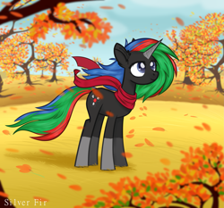 Size: 2623x2448 | Tagged: safe, artist:silverfir, oc, oc only, oc:thinkpony, pony, unicorn, autumn, clothes, commission, female, high res, leaves, mare, scarf, solo, tree, wind, ych result