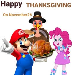 Size: 720x743 | Tagged: safe, artist:eddazzling81, artist:sugar-loop, pinkie pie, bird, human, turkey, equestria girls, g4, barely eqg related, cooked, crossover, crossover shipping, female, food, happy thanksgiving 2020, hat, holiday, male, mario, mariopie, nintendo, pilgrim hat, shipping, straight, super mario bros., thanksgiving