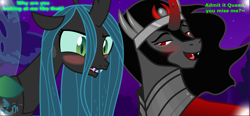 Size: 1621x755 | Tagged: safe, artist:darkstarflyer66, artist:nukarulesthehouse1, artist:sketchmcreations, artist:teaganlouise, king sombra, queen chrysalis, changeling, changeling queen, pony, unicorn, g4, blushing, dream, duo, female, flirting, male, ship:chrysombra, shipping, sleeping, stallion, straight