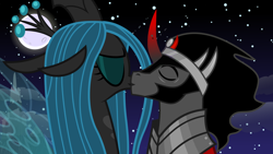 Size: 1920x1080 | Tagged: safe, artist:dashiesparkle edit, artist:kayman13, artist:proenix, edit, vector edit, king sombra, queen chrysalis, changeling, changeling queen, pony, unicorn, g4, eyes closed, female, kiss on the lips, kissing, male, ship:chrysombra, shipping, straight, vector