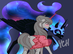 Size: 3623x2665 | Tagged: safe, artist:luna dave, nightmare moon, oc, alicorn, pony, g4, armor, auction, commission, ethereal mane, high res, jewelry, realistic horse legs, realistic wings, regalia, starry mane, wing fluff, wings, your character here