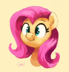 Size: 1371x1437 | Tagged: safe, artist:aemuhn, fluttershy, pegasus, pony, g4, :t, bust, cute, female, mare, portrait, shyabetes, simple background, smiling, solo, three quarter view, yellow background