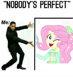 Size: 1434x1520 | Tagged: safe, derpibooru exclusive, fluttershy, equestria girls, equestria girls series, so much more to me, cute, looking at you, meme, nobody's perfect, one eye closed, op is right you know, shyabetes, will smith, wink