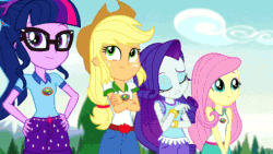Size: 800x450 | Tagged: safe, screencap, applejack, fluttershy, pinkie pie, rainbow dash, rarity, sci-twi, spike, spike the regular dog, sunset shimmer, twilight sparkle, dog, equestria girls, g4, my little pony equestria girls: legend of everfree, accident, animated, camp everfree outfits, confetti, converse, dock, explosion, fail, faint, food, gif, goddammit pinkie, humane five, humane seven, humane six, marshmallow, marshmelodrama, messy hair, now you fucked up, party grenade, pinkie being pinkie, rarity being rarity, shocked, shocked expression, shoes, streamers