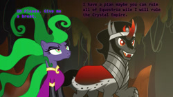 Size: 1366x768 | Tagged: safe, artist:fruft, artist:kayman13, king sombra, mane-iac, pony, unicorn, g4, power ponies (episode), the beginning of the end, evil lair, explanation, female, grogar's lair, idea, lair, looking up, male, mane-iac is not amused, misspelling, plan, text, ugh, unamused