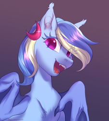 Size: 2712x3000 | Tagged: source needed, safe, artist:helemaranth, oc, oc only, oc:deliha valkyria, bat pony, pony, bat pony oc, bat wings, bust, fangs, female, high res, portrait, solo, wings