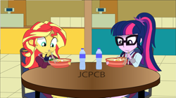 Size: 1921x1079 | Tagged: safe, artist:jcpreactyt, sci-twi, sunset shimmer, twilight sparkle, equestria girls, equestria girls series, g4, chopsticks, clothes, couple, duo, duo female, female, food, food court, friendship, glasses, lesbian, mall, noodles, ramen, relationship, school uniform, ship:sci-twishimmer, ship:sunsetsparkle, shipping, skirt