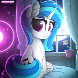 Size: 3000x3000 | Tagged: dead source, safe, alternate version, artist:alexbefest, dj pon-3, vinyl scratch, pony, unicorn, g4, blue, cute, ear fluff, eyebrows, eyebrows visible through hair, female, frog (hoof), full moon, grin, high res, horn, indoors, looking at you, mare, moon, neon, night, night sky, pink, sitting, sky, smiling, smiling at you, solo, tail, underhoof, vinylbetes, window