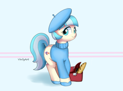 Size: 875x649 | Tagged: safe, artist:vinilyart, coco pommel, earth pony, pony, g4, alcohol, baguette, beatnik, beret, bottle, bread, clothes, cocobetes, cute, female, food, french, hat, looking at you, mare, shoes, smiling, solo, sweater, wine, wine bottle