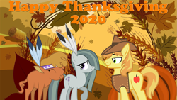 Size: 2063x1161 | Tagged: safe, anonymous artist, braeburn, little strongheart, marble pie, bison, buffalo, earth pony, pony, g4, autumn, braeble, feather, female, friendship, friendshipping, happy thanksgiving 2020, holiday, male, marble squaw, ship:braeheart, shipping, straight, thanksgiving