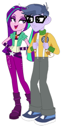 Size: 434x884 | Tagged: safe, artist:kimberlythehedgie, artist:skyfallerart, edit, aria blaze, micro chips, equestria girls, g4, my little pony equestria girls: rainbow rocks, ariachips, backpack, boots, clothes, duo, female, gem, glasses, high heel boots, male, pants, pigtails, shipping, shoes, simple background, siren gem, straight, transparent background, twintails, vector