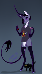 Size: 1100x1900 | Tagged: safe, artist:crystalcontemplator, oc, oc only, cat, unicorn, anthro, unguligrade anthro, clothes, curved horn, gradient background, horn, leonine tail, unicorn oc