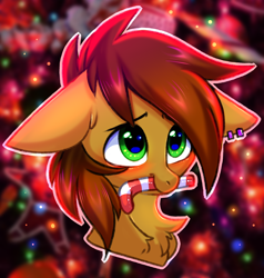 Size: 3000x3150 | Tagged: safe, artist:pesty_skillengton, oc, oc only, earth pony, pony, blushing, bust, candy, candy cane, chest fluff, christmas, cute, ear piercing, earring, floppy ears, food, high res, holiday, jewelry, male, mouth hold, piercing, portrait, smiling, solo, stallion