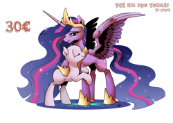 Size: 1024x725 | Tagged: safe, artist:dormin-dim, twilight sparkle, alicorn, earth pony, pegasus, pony, g4, the last problem, commission, duo, ethereal mane, hug, older, older twilight, older twilight sparkle (alicorn), princess twilight 2.0, simple background, starry mane, transparent background, twilight sparkle (alicorn), ych example, ych sketch, your character here