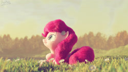 Size: 3840x2160 | Tagged: safe, artist:dashyoshi, pinkie pie, earth pony, pony, g4, 3d, blender, flower, flower in hair, grass, high res, holiday, lying down, solo, thanksgiving, tree