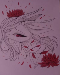 Size: 1080x1350 | Tagged: safe, artist:_quantumness_, oc, oc only, demon, demon pony, original species, pony, bust, flower, flower in hair, horns, solo