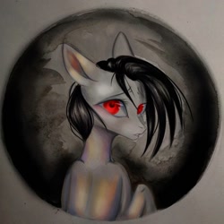 Size: 1080x1080 | Tagged: safe, artist:_quantumness_, oc, oc only, earth pony, pony, bust, earth pony oc, looking back, red eyes, solo, traditional art