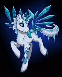 Size: 1620x2018 | Tagged: safe, artist:asumi, pegasus, pony, black sclera, castle cats, crossover, ice, looking at you, male, ponified, raised hoof, smiling, solo, stallion