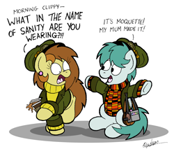 Size: 2175x1857 | Tagged: safe, artist:bobthedalek, oc, oc only, oc:bubble pump, oc:clippy ticket, earth pony, pegasus, pony, comic:trottingham transport, bag, clothes, dialogue, duo, female, hat, jacket, london, male, mare, open mouth, public transportation, shocked, smiling, stallion, sweater, ugly public transport seating pattern